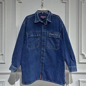 Paco Jacket Mens L Blue Denim Jean Chore Coat Red Logo PACO Snap Y2K Vintage